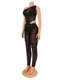 Spring Sexy Black Mesh See Through One Shoulder Sleeveless Corset Top and Ruched Pants Set Wholesale 2 Piece Sets