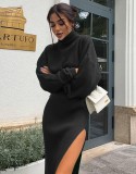 Winter Solid Black Turtleneck Long Sleeve Knitted Top and Long Split Skirt Wholesale 2 Piece Sets