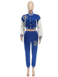 Autumn Sports Print Blue Baseball Jacket and Sweatpants 2PC Tracksuit