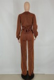 Fall Sexy Brown Bling Bling Deep V-neck Long Sleeve Top and Matched Pants with Belt Wholesale 2 Piece Sets