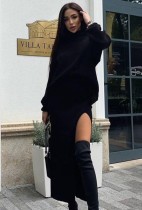 Winter Solid Black Turtleneck Long Sleeve Knitted Top and Long Split Skirt Wholesale 2 Piece Sets