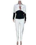 Winter Casual Black and White Contrast Puff Sleeve Blouse and Slim Pants Wholesale 2 Piece Sets