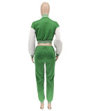 Autumn Sports Print Green Baseball Jacket and Sweatpants 2PC Tracksuit
