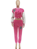 Autumn Sports Print Rose Baseball Jacket and Sweatpants 2PC Tracksuit