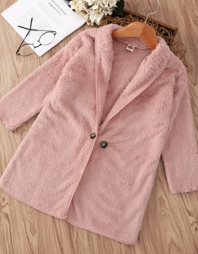 Winter Kids Girl Pink Turndown Color Long Sleeve Fleece Coat
