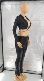 Winter Sexy Black PU Leather Open Front Long Sleeve Crop Top and Skinny Pants Set Wholesale 2 Piece Outfits