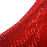 Spring Sexy Red Sequins Mesh Patch See Through one Shoulder Mini Party Dress