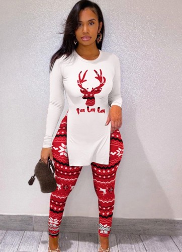 Winter Sexy Christmas Printed Long Sleeve Split Tight Top and Match Pants Wholesale Women's Two Piece Sets