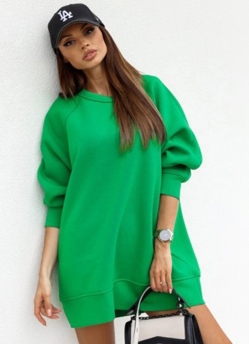 Winter Solid Green Round Neck Long Sleeve Oversize Pullover Top