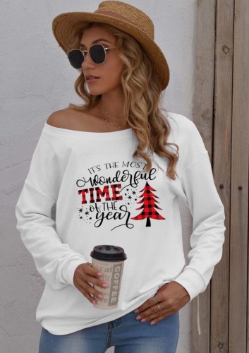 T-shirt casual a maniche lunghe con stampa natalizia bianca invernale