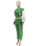 Autumn Sports Print Green Baseball Jacket and Sweatpants 2PC Tracksuit