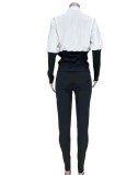 Winter Casual Black and White Contrast Puff Sleeve Blouse and Slim Pants Wholesale 2 Piece Sets