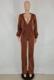 Fall Sexy Brown Bling Bling Deep V-neck Long Sleeve Top and Matched Pants with Belt Wholesale 2 Piece Sets