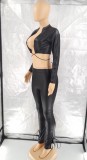 Winter Sexy Black PU Leather Open Front Long Sleeve Crop Top and Skinny Pants Set Wholesale 2 Piece Outfits