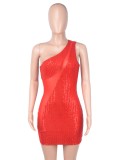 Spring Sexy Red Sequins Mesh Patch See Through one Shoulder Mini Party Dress