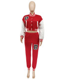 Autumn Sports Print Red Baseball Jacket and Sweatpants 2PC Tracksuit