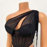 Spring Sexy Black Mesh See Through One Shoulder Sleeveless Corset Top and Ruched Pants Set Wholesale 2 Piece Sets