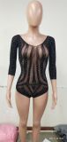 Sexy Black Beaded Long Sleeve Fishnet Bodysuit Lingerie