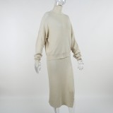 Winter Solid Apricot Turtleneck Long Sleeve Knitted Top and Long Split Skirt Wholesale 2 Piece Sets
