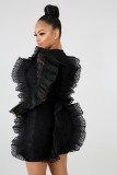 Winter Fashion Black Round Neck Long Sleeve Ruffles Edge Bodycon Dress