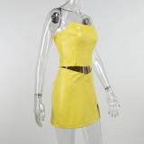 Winter Sexy Yellow Pu Leather Off Shoulder Sleeveless Top And Slit Mini Dress Wholesale Two Piece Sets