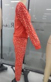Winter Casual Red Bear Print Round Neck Long Sleeve Top And Pant Pajama Two Piece Set