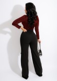 Winter Fashion Red Deep V Neck Long Sleeve Loose Jumpsuit