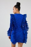 Winter Fashion Blue Round Neck Long Sleeve Ruffles Edge Bodycon Dress