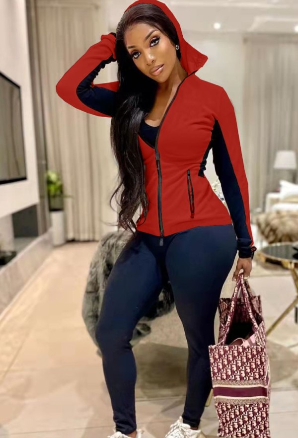 Winter Sportwear Red Contrast Zipper With Hood Long Sleeve Top And Pant Tracksuit Vendors