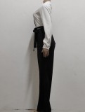 Spring Casual White Contrast Long Sleeve With Belt Loose Jumpsuit