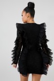 Winter Fashion Black Round Neck Long Sleeve Ruffles Edge Bodycon Dress