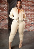 Winter Casual Beige Zipper Long Sleeve Top And Pant Wholesale 2 Piece Outfits