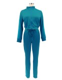 Winter Casual Blue Zipper Long Sleeve Top And Pant Wholesale 2 Piece Outfits