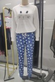 Winter Casual White Rabbit Print Round Neck Long Sleeve Top And Pant Pajama Two Piece Set