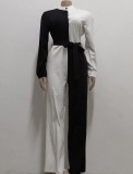 Spring Casual White Contrast Long Sleeve With Belt Loose Jumpsuit