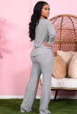 Winter Sexy Grey V Neck Button Long Sleeve Sweater Top And Loose Pant Wholesale 2 Piece Outfits