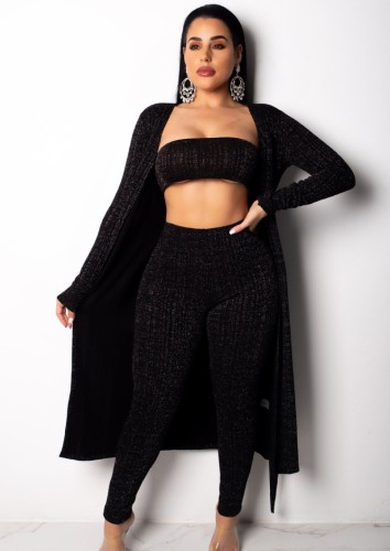 Winter Sexy Black Top And Pant And Long Rope 3 Piece Set