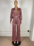 Winter Fashion Print Puffed Long Sleeve With Belt Jumpsuit