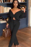 Winter Sexy Black V Neck Button Long Sleeve Sweater Top And Loose Pant Wholesale 2 Piece Outfits