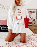 Winter White Christmas Print Round Neck Long Sleeve Loose Top