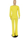 Winter Sexy Yellow V Neck Button Long Sleeve Sweater Top And Loose Pant Wholesale 2 Piece Outfits