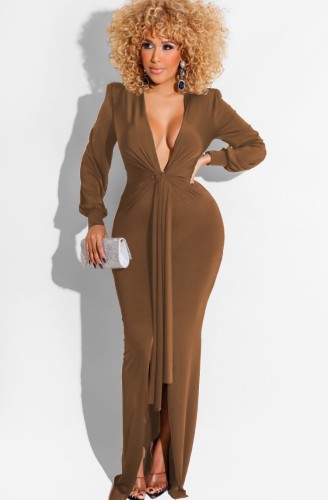 Winter Sexy Brown Deep V Neck With Belt Long Sleeve Slit Long Dress