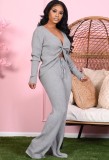 Winter Sexy Grey V Neck Button Long Sleeve Sweater Top And Loose Pant Wholesale 2 Piece Outfits
