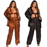 Fall Sexy Black Long Sleeve Nigh Gown Bandage Bra And Pant Pajama Sets