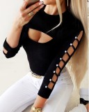 Winter Sexy Black Cut Out Button Long Sleeve Top