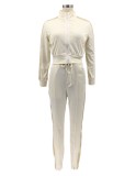 Winter Casual Beige Zipper Long Sleeve Top And Pant Wholesale 2 Piece Outfits