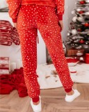 Winter Casual Red Bear Print Round Neck Long Sleeve Top And Pant Pajama Two Piece Set