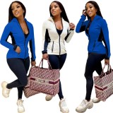 Winter Sportwear Blue Contrast Zipper With Hood Long Sleeve Top And Pant Tracksuit Vendors