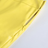 Winter Sexy Yellow Pu Leather Off Shoulder Sleeveless Top And Slit Mini Dress Wholesale Two Piece Sets