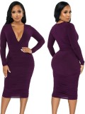 Spring Sexy Purple V Neck Long Sleeve Midi Dress